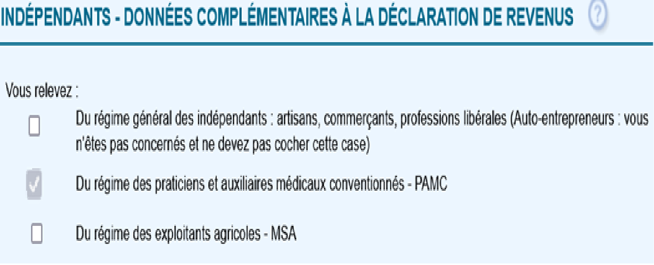 Extrait de la d&eacute;claration 2042 C PRO : rubrique &laquo; Ind&eacute;pendants &ndash; donn&eacute;es compl&eacute;mentaires &agrave; la d&eacute;claration de revenus &raquo;