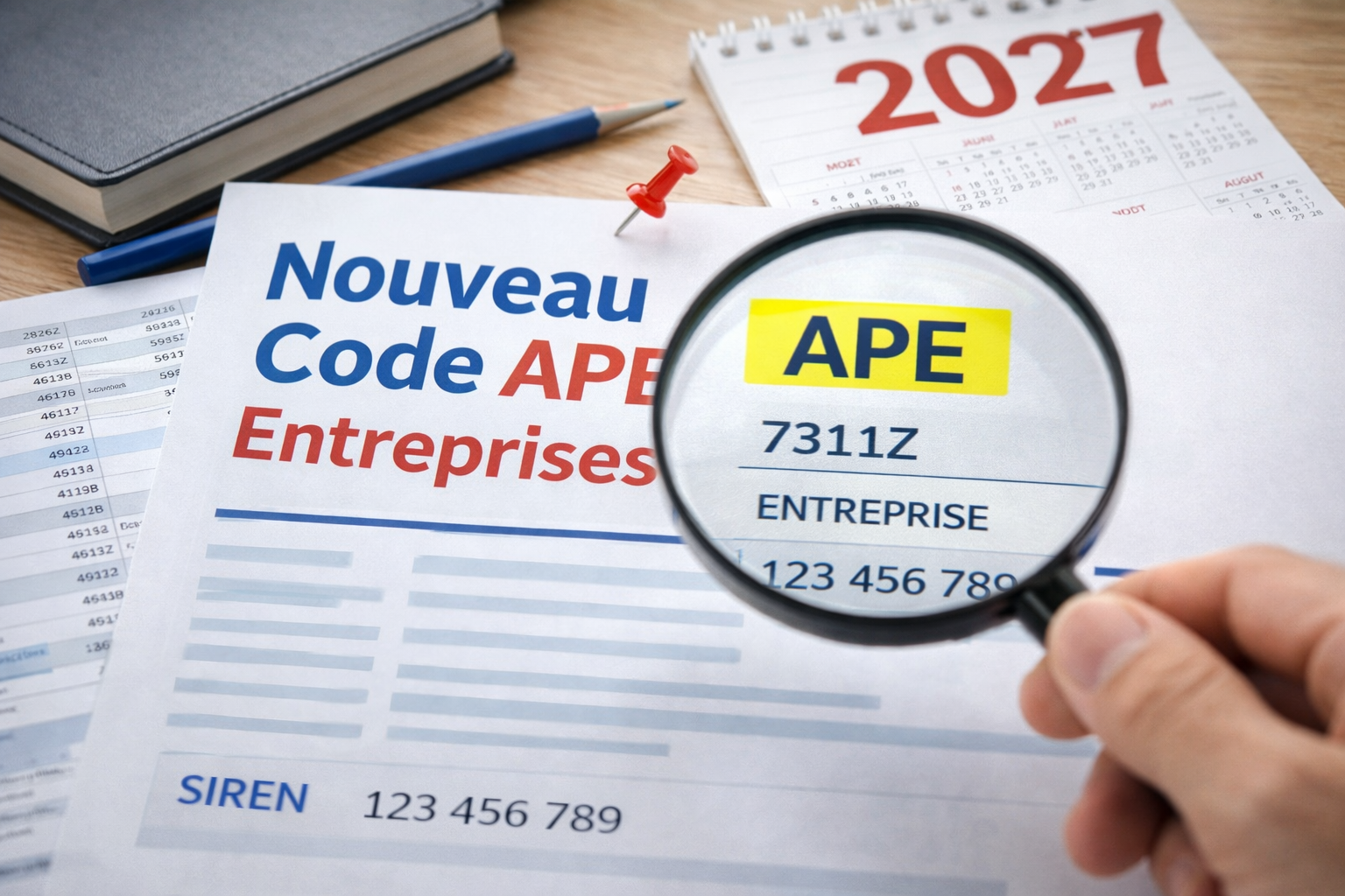 Loupe sur un document &laquo; Nouveau code APE entreprises &raquo; avec le code APE 7311Z et un calendrier 2027