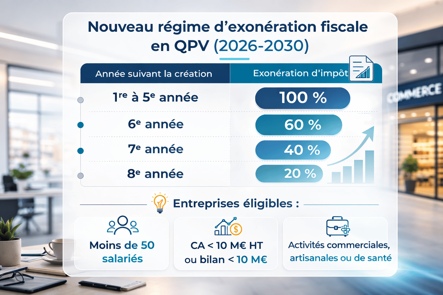 Tableau : nouveau r&eacute;gime d&rsquo;exon&eacute;ration fiscale 2026-2030 pour les entreprises en QPV, de 100 % &agrave; 20 % selon l&rsquo;ann&eacute;e