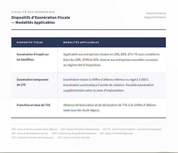 Tableau des dispositifs d&rsquo;exon&eacute;ration fiscale pour les entreprises