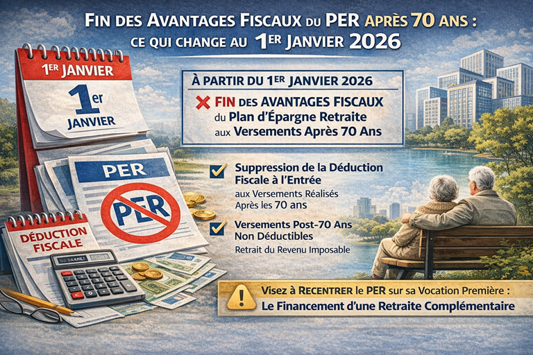Infographie : fin des avantages fiscaux du PER apr&egrave;s 70 ans, ce qui change au 1er janvier 2026