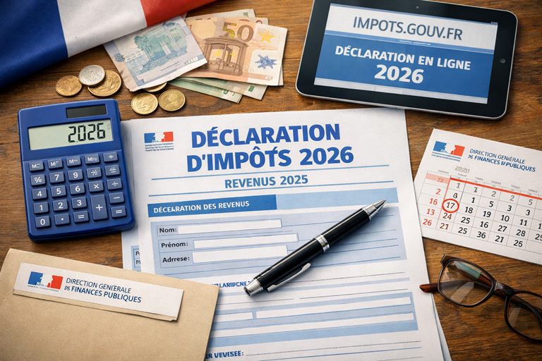 Visuel : déclaration d’impôts 2026 en ligne sur impots.gouv.fr, revenus 2025