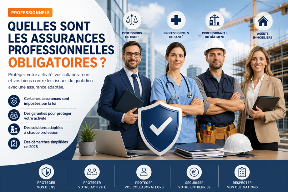 Infographie : les assurances professionnelles obligatoires pour les professions du droit, de la sant&eacute;, du b&acirc;timent et les agents immobiliers
