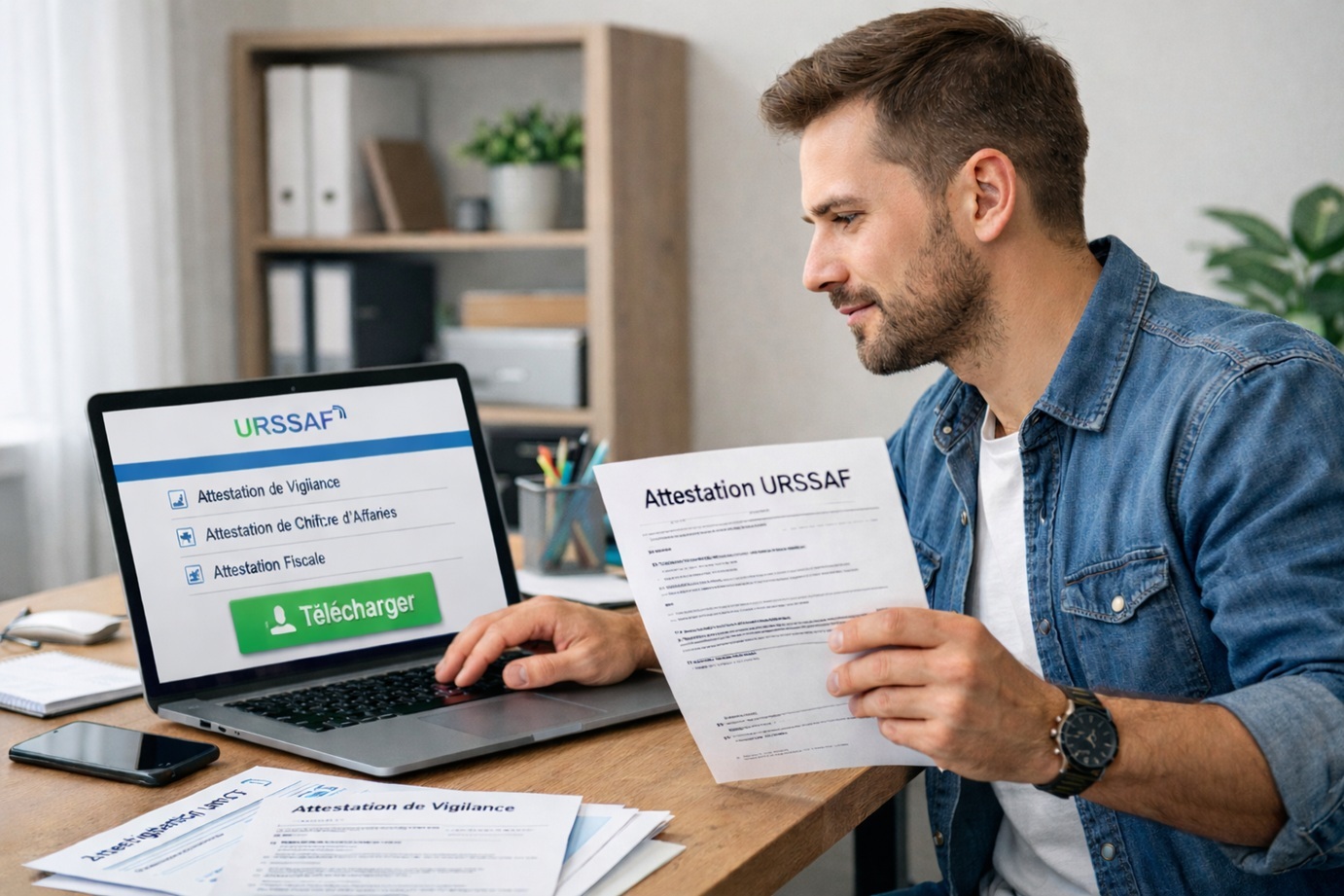 Un homme consulte une attestation URSSAF devant son ordinateur