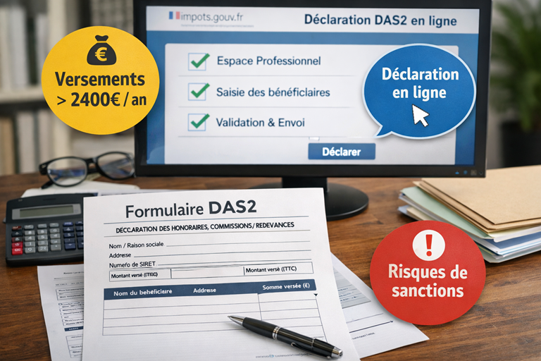 Illustration : d&eacute;claration DAS2 en ligne, formulaire DAS2 et seuil de 2 400 &euro; par an