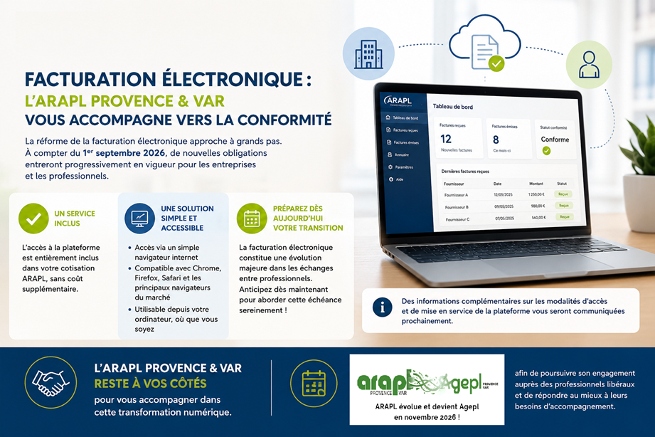 Infographie : l'ARAPL Provence & Var vous accompagne vers la conformit&eacute; de la facturation &eacute;lectronique