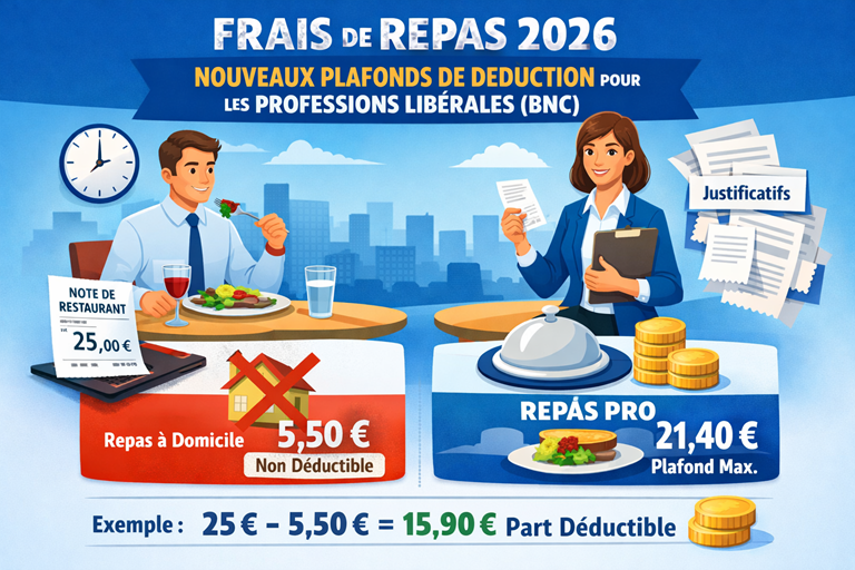 Infographie : frais de repas 2026, nouveaux plafonds de d&eacute;duction pour les professions lib&eacute;rales (BNC)