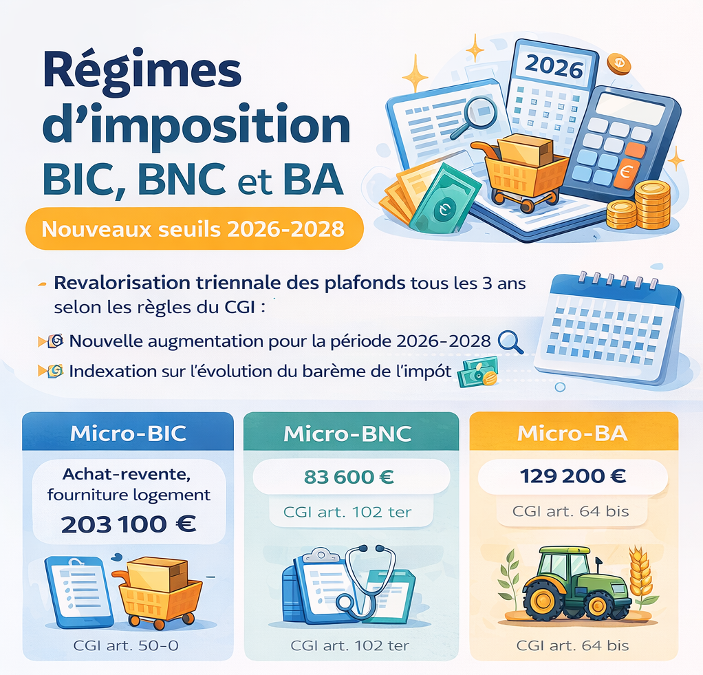 Infographie : r&eacute;gimes d&rsquo;imposition BIC, BNC et BA, nouveaux seuils 2026-2028 (micro-BIC, micro-BNC, micro-BA)